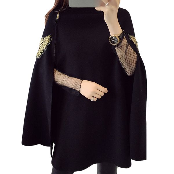 

animal bird embroidery knit cape women's 2019 autumn winter sweaters luxury scoop neck pullover cloak coat female ponchos, Black