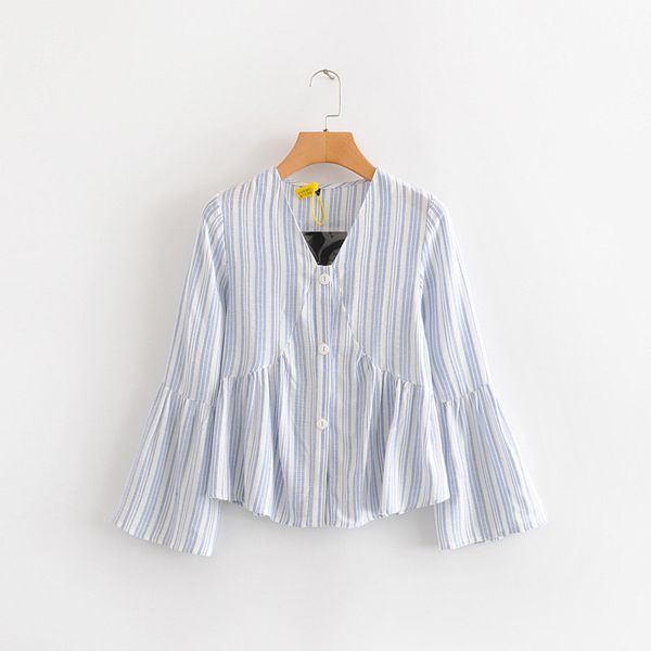 

fashion women pagoda sleeve striped shirt v neck smock 2020 spring leisure lady blouses loose s6860, White