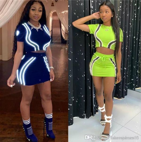 

womens desinger 3m reflective 2pcs dresses casual crew neck skirts night club style dresses womens clothing, White