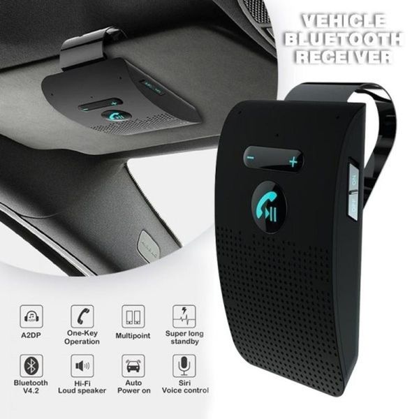 

bluetooth handscar kit 4.2 sun visor clip wireless audio receiver speakerphone loud speaker music player dual microphone