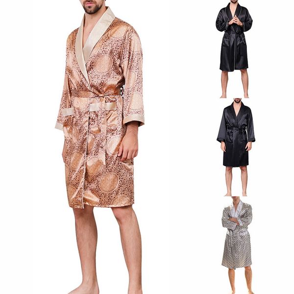 

2019 men's v-neck silk robe section sleepwear silk long-sleeved printed robes male ropa pajamas nightgown satin bathrobe, Black;brown