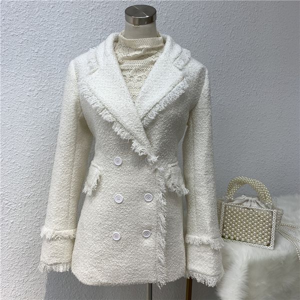 

ewq] 2020 spring new sweet full sleeve double breasted tweed coats korea style trendy loose slim black woolen coat qz06701