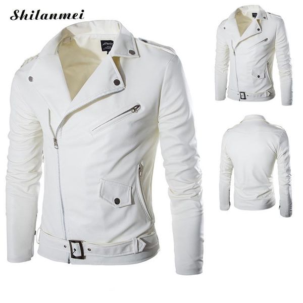 

2018 foreign trade new fashion men's slim diagonal zipper male leather motorcycle jacket men white leather jacket causal outwear, Black