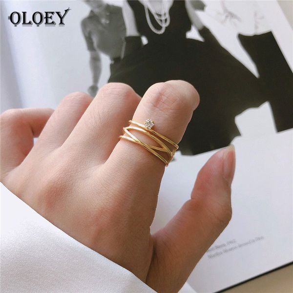 

oloey 100% real 925 sterling silver adjustable rings for women korea gold multi-lines zircon open ring fine jewelry gifts ymr926, Golden;silver