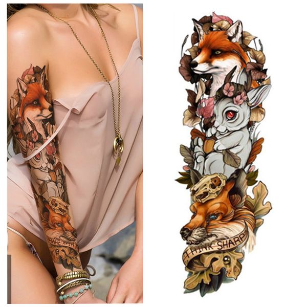 

1pcs fox and rabbit full flower arm temporary tattoo sticker body paint water transfer fake tatoo sleeve