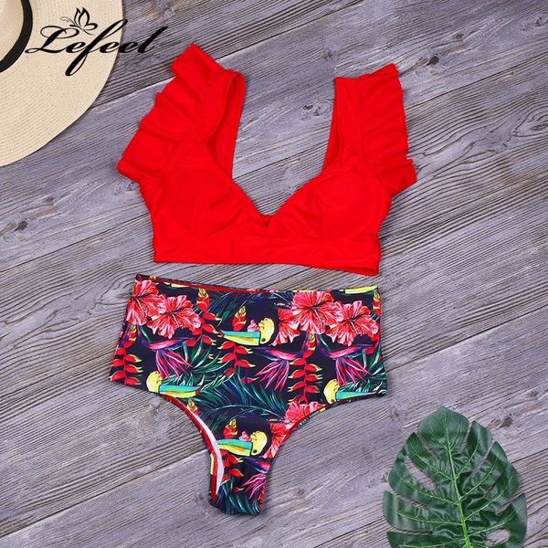 

lefeel print bikinis set women high waist ruffle bathing suit swimsuit 2019 new swimwear summer swimming wear bodysuit, White;black