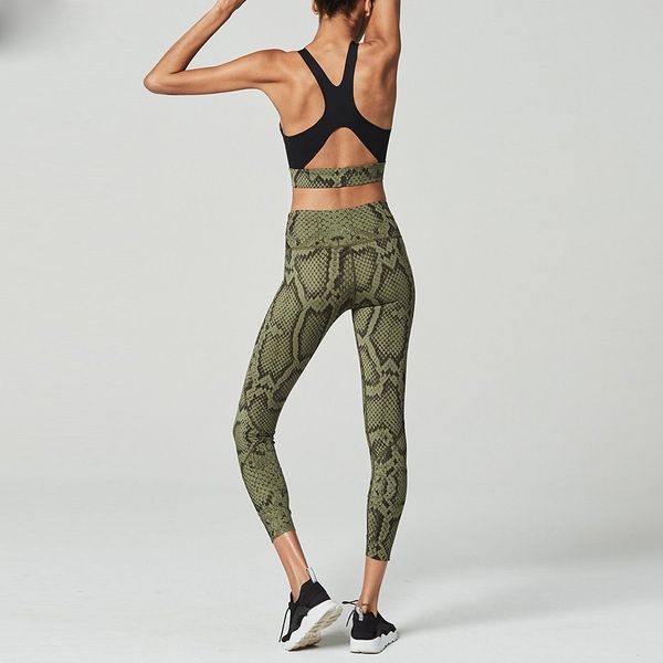 

women snake skin print 2 pieces sets back hollow out active wear bra fitness leggings elastic waist tracksuits, Gray