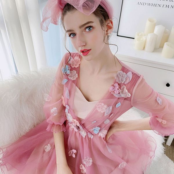 

dabuwawa romantic pink princess mesh dress for girls women new v neck floral appliques sweet date fairymidi dress d18cdr095, Black;gray