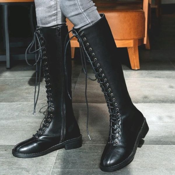 

35-42 size classic british knight boots women's fashion solid lace-up knee-high flat heels solid color knight boots shoes, Black