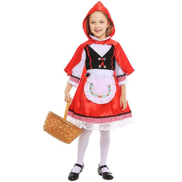 

umorden kids child girls little red riding hood costume village farm girl halloween carnival masquerade mardi gras party dress, Black;red