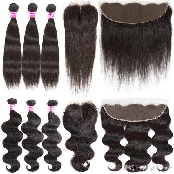 

remy human hair weft with frontal weaves closure brazilian unprocessed virgin hair body wave 13x4 ear to ear lace closure with 3hair bundles, Black