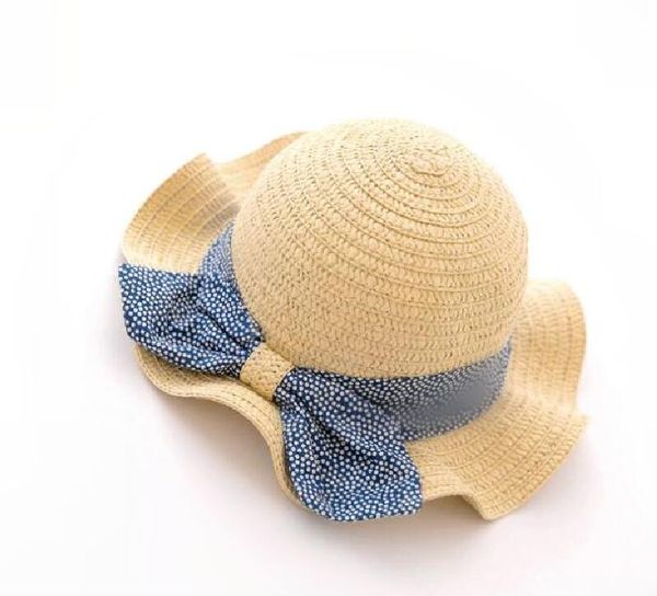 

children's bow girl straw hat travel visor baby beach hat, Blue;gray