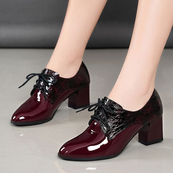 

2020 spring autumn women's shoes woman high heels pointed toe women pumps square heel sheepskin leather red black x0101