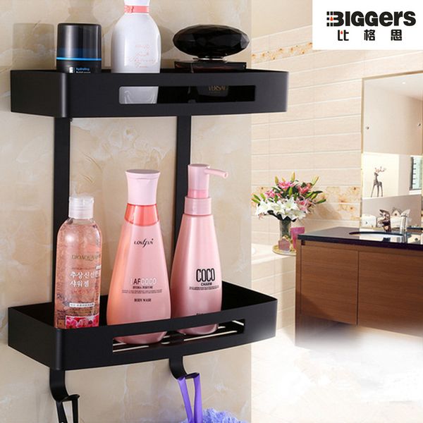 

luxury black color single and dual-tier bathroom shelf stainless steel wall shelf bathroom rack with hook ozjbs23
