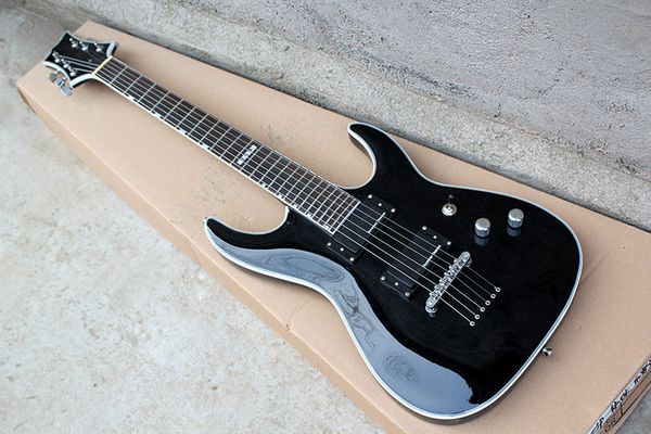 Chitarra elettrica nera speciale, hardware cromato e corde piercing, pickup HH e rilegatura bianca, tastiera in palissandro, possono essere personalizzati