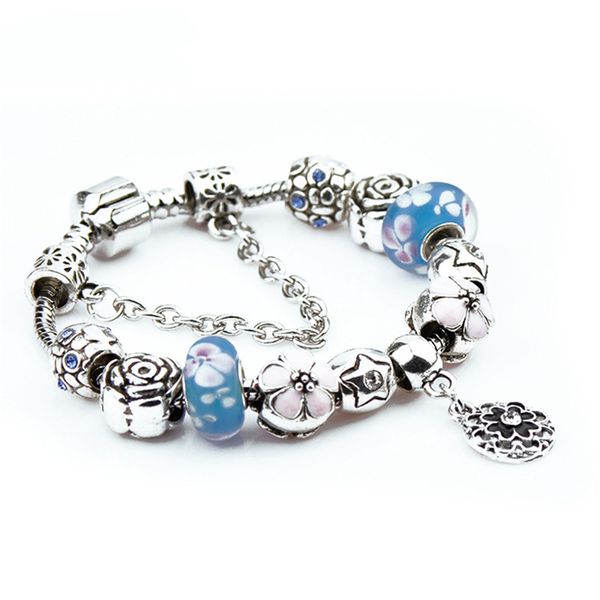 Braccialetti di design Pan Dora fiore rosa blu perline gioielli con ciondoli per donna ragazze braccialetto argento antico vintage cristallo moda stella caldo