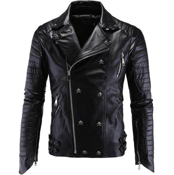 

men leather jacket pu clothing boutique punk leather jacket men new skull motorcycle multi zippers slim fit m-5xl, Black