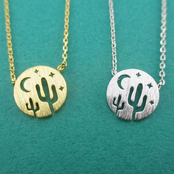 

desert night sky crescent moon stars and cactus necklaces for women gifts dainty jewelry stainless steel coin pendants necklaces, Silver