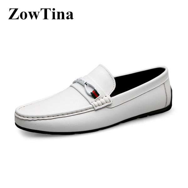 

white leather men casual flats slip on wedding shoes metal chains black loafes driving shoes male zapatos hombre tenis chaussure