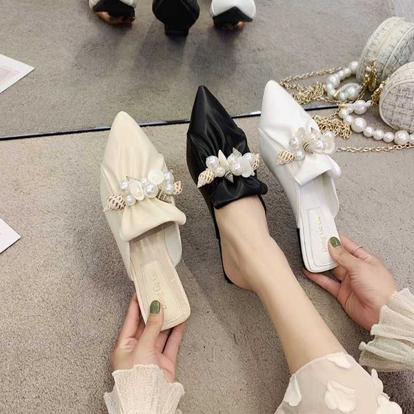 

slippers women summer pointed toe flat shoes female pantofle low luxury slides string bead cover 2020 designer soft rubber pu, Black