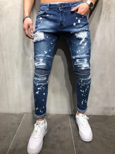 

2019 spring men fashion pencil pants ripped jeans stretch skinny hole jeans pants elastic long denim trousers bodycon clothes, Blue