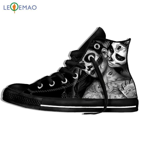 

walking canvas boots shoes day of the dead sugar skull girl with rose tattoo cool wearable comfort sport shoes classic sneakers, Black