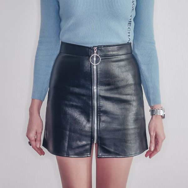 

spring summer casual pu leather skirt women elegant zipper mini a-line skirt lady skinny high waist skirts white black drop ship