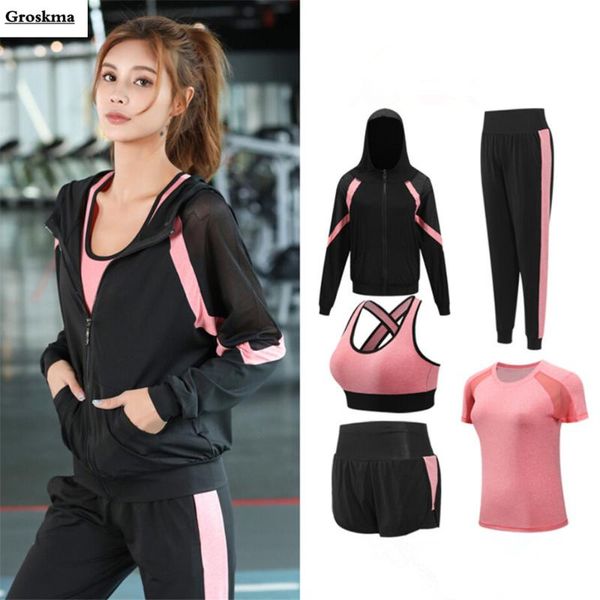 

5 pieces set women yoga sportswear clothing coats+t shirt+bra+shorts+pants fitness gym mesh suit quick dry outdoor running sets