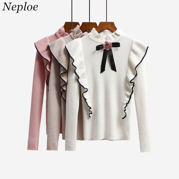 

neploe ruffles sweater knitted pullover 2018 autumn long sleeve half turtleneck women sweater 3d flower bow tie pull femme 33952, White;black
