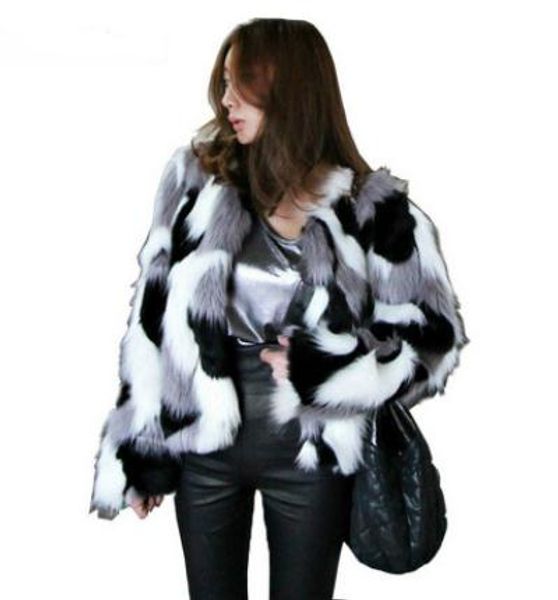 

plus siz5xl 6xl customized size women mixed color faux fur coat fluffy winter fur jacket ladies shaggy short outwear coats s28, Black
