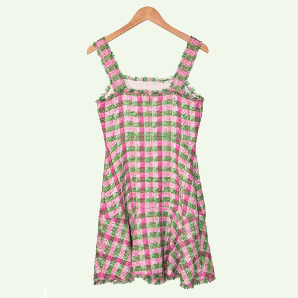 

2019 fall pink spaghetti strap square neck plaid print cotton ruffle panelled knee-length dress women fashion dresses ag3000179ks, Black;gray