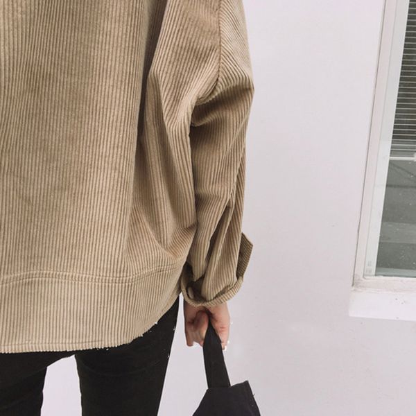 

spring women corduroy jacket vintage loose collar pockets baseball coat, Black;brown