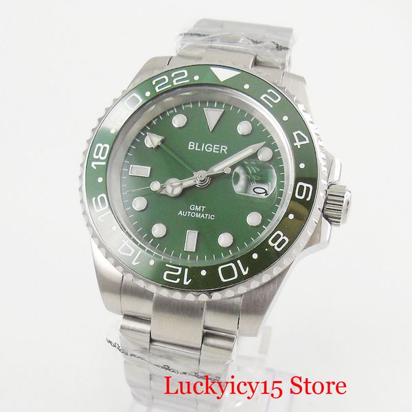 

bliger mechanical men watch 40mm green dial gmt function sapphire glass mental strap ceramic bezel, Slivery;brown