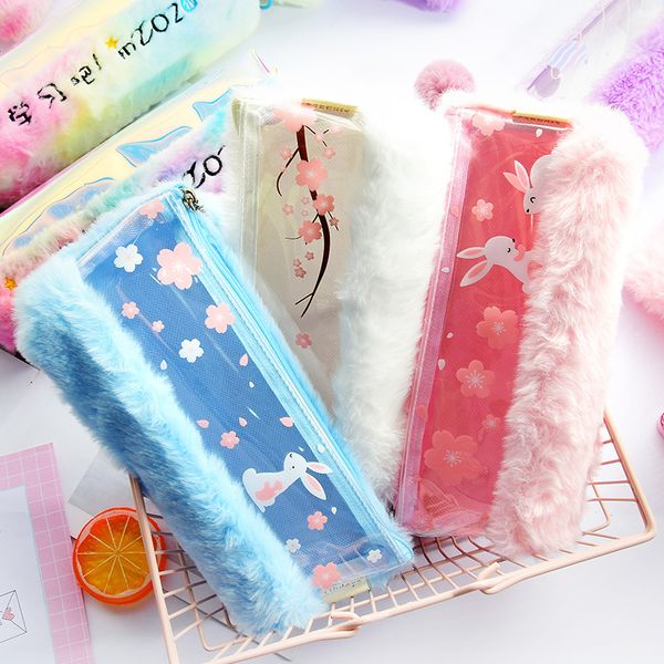 

sakura plush pencil case transparent color pencil case storage bag student learning stationery gift