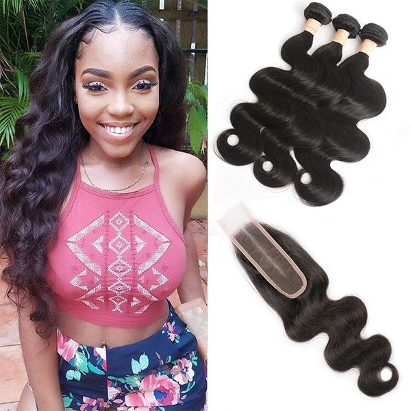 

brazilian virgin hair 2*6 lace closure with 3 bundles body wave human hair extensions wefts with closure 8-30inch natural color, Black;brown