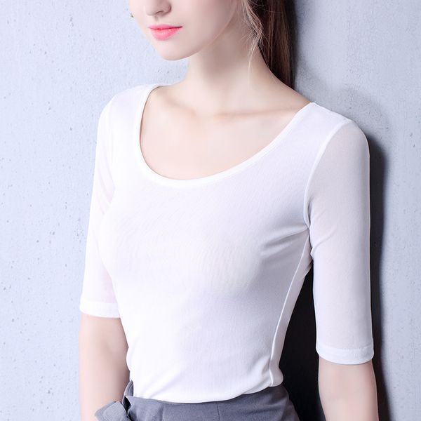 

плюс размер элегантные женские топы 2020 летняя мода женщина прозрачная рубашка с коротким рукавом top6, White