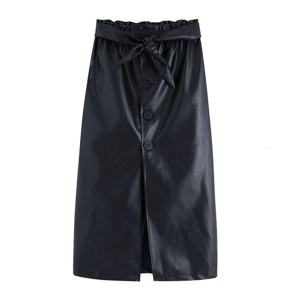 

rr high imitation leather knotted skirts women fashion pu leather skirt women elegant buttons mid calf skirts female ladies jz, Black