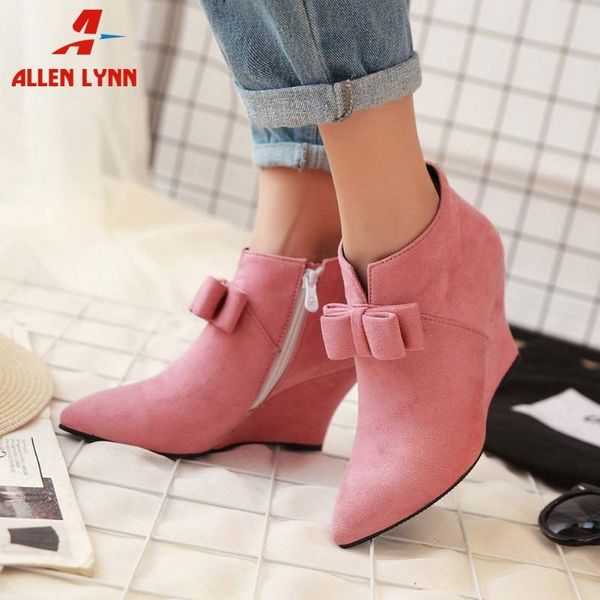 

allen sweet girl fashion flock autumn winter shoes woman high heels zipper butterfly knot boots women ankle boots, Black