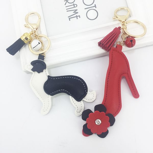 

cute pu key chains new pu artificial leather high heels puppy key ring pendant small bell tassel bag hanging ornaments wholesale, Silver