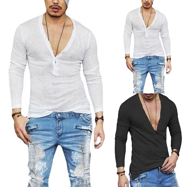 

deep v long sleeve t-shirts fashion new male autumn winter casual t-shirts hip hop streetwear long sleeve, White;black