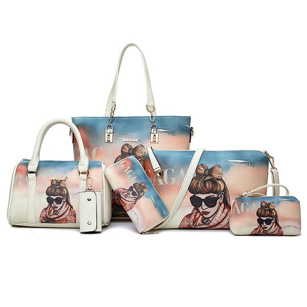 

6pcs/set fashion women handbags prints pu leather composite bag clutch set large shoulder bag purse female