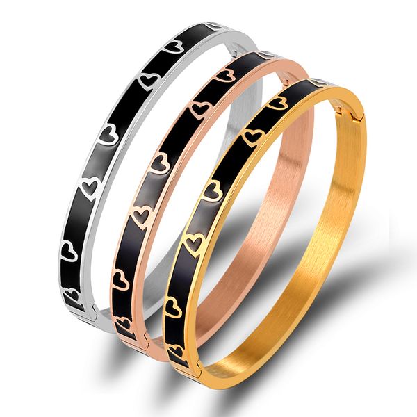 

vintage black enamel bangles & bracelets for women gold silver little heart bangles stainless steel jewelry bijoux pulseiras