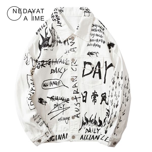 

men streetwear letters appliques printed jeans jacket hipster holes loose hip hop motorcycle cotton white casual denim jackets, Black;brown