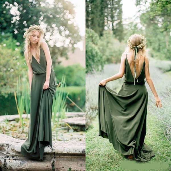 

bohemian olive green chiffon country bridesmaid dresses new spaghetti backless long maid of honor gowns custom, White;pink