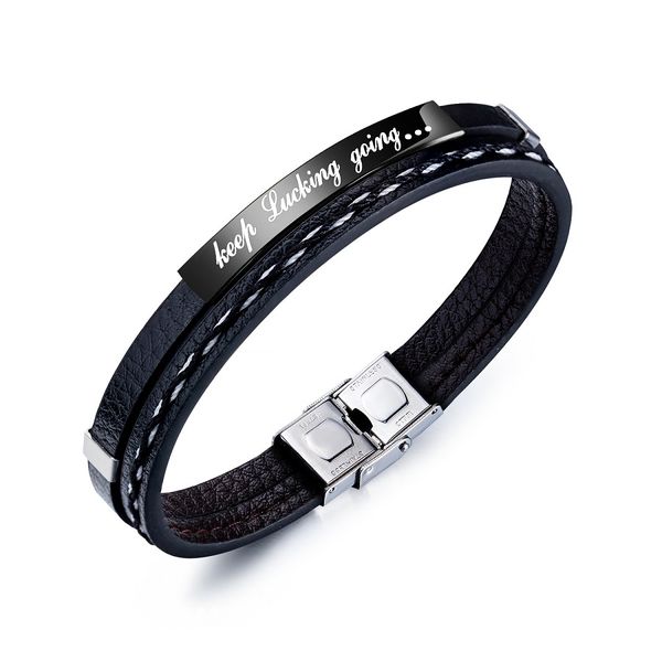 

fashion charm black leather bracelets double for men gift handmade design punk hip hop jewelry stainless steel bracelet, Golden;silver