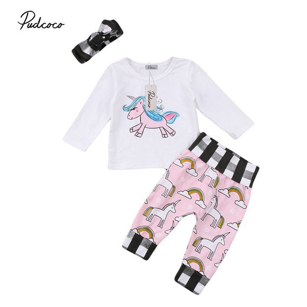 

новый стиль cute unicorn дети девочки одежда длинная футболка tops + pant + головной убор 3шт эпикировка хлопка комплект одежды младенца, White