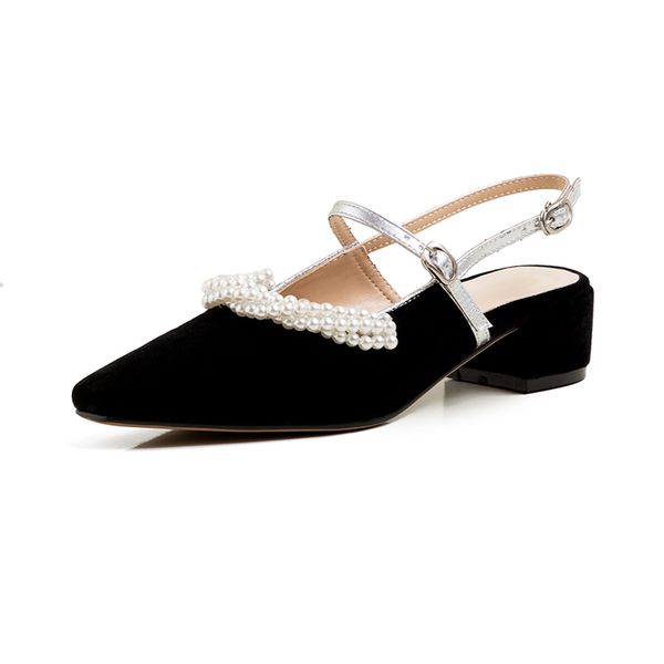 

2020 new design slingback buckle strap pearl black low heel sandals womens summer sandals