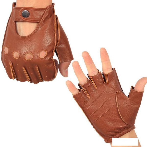 

genuine leather semi-finger gloves male thin unlined non-slip breathable driving goatskin half fingers men mittens nan7, Blue;gray