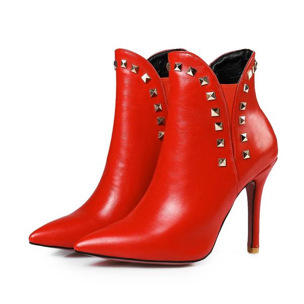 

women's boots autumn pointe shoes winter footwear boots-women booties woman 2019 high heels rivets pointy rubber 2020, Black