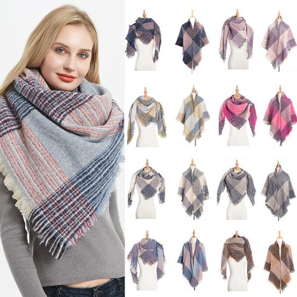 

women plaid scarves grid tassel oversized check shawl tartan cashmere square scarf winter neckerchief blanket wraps, Blue;gray